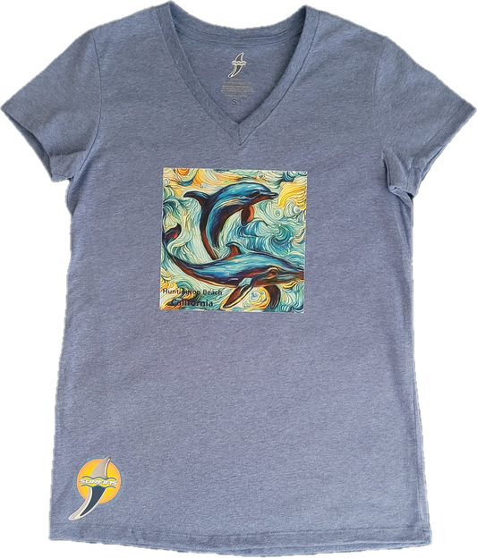DOLPHIN Bluish Purple  LOGO SURFINS surfwear  V Neck