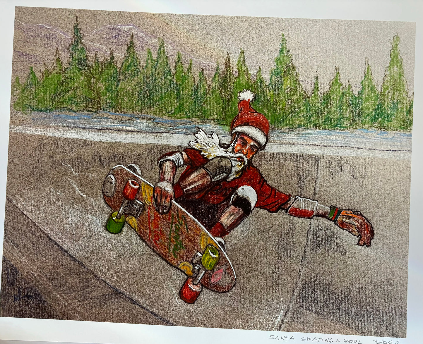 Santa Skating a Pool (ORIGINAL FRAMED) by Ricky Blake