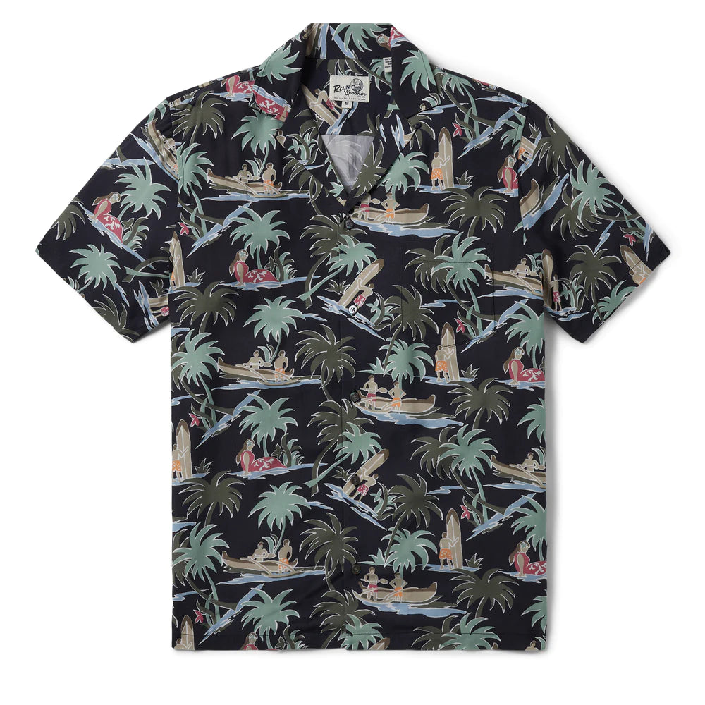 Reyn Spooner "Queens Surf Camp Shirt" BLACK Short Sleeve Btn Down