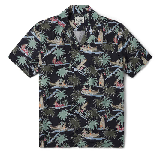 Reyn Spooner "Queens Surf Camp Shirt" BLACK Short Sleeve Btn Down