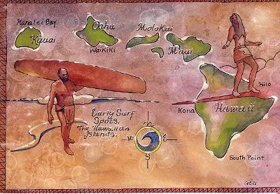 Early Surf Spots. The Hawaiian Islands. Map by Ron Croci (COLOR)