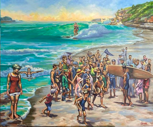 Duke Kahanamoku Visits Freshwater Beach, 1915 (ORIGINAL) by Colleen Gnos