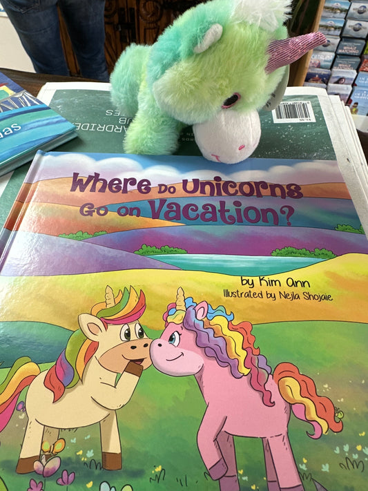 Where do Unicorns Go On Vacation and Plush Unicorn Stuffed Animal by Kim Ann