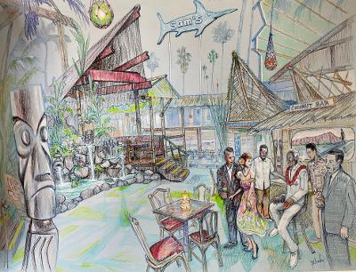 In the Hidden Village 'Sam's seafood circa 1960s'  print by Ricky Blake